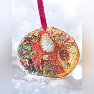Handcrafted Father Christmas wooden ornament, decoupage with vintage image